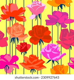 Seamless pattern with beautiful garden flowers on canary background. Handmade drawing vector illustration.