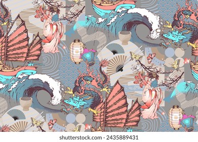 Seamless pattern. Beautiful girl in ancient Chinese and asian dragon. Suitable for fabric, mural, wrapping paper and the like