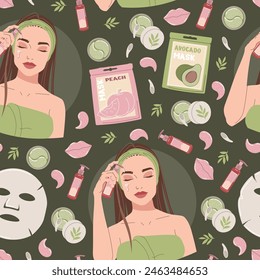 Seamless pattern with beautiful girl face mask, creams. Beauty products for moisturizing and caring for facial skin. Morning hygiene procedures. Vector flat illustration