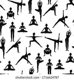 Seamless pattern with beautiful girls doing yoga poses black silhouettes. On white background