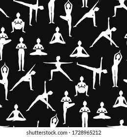Seamless pattern with beautiful girls doing yoga poses white silhouettes. On black background.