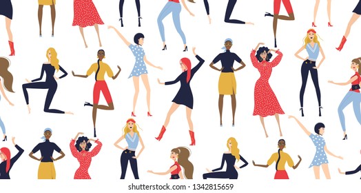 Seamless pattern with beautiful girls. Girl power and feminist movement. Female pattern with models. Characters for the International women's day on white background.  Illustration of various women.