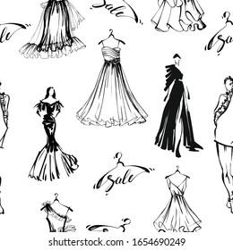 Seamless pattern with beautiful girls models and fashionable women's dresses.Sketch style Beauty and cosmetics background.   Vector