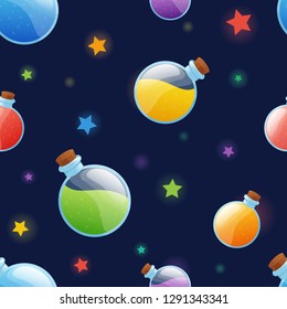 Seamless pattern with beautiful glossy bottles with magic potion inside and wooden stopper, starry and sparkly tileable background.
