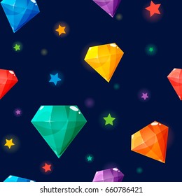 Seamless pattern with beautiful glossy diamonds stars and sparkles, abstract childish background.