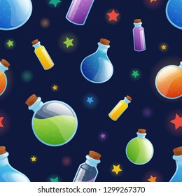 Seamless pattern with beautiful glossy different shaped bottles with magic potion inside and wooden stopper, starry and sparkly tileable background.