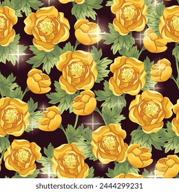 Nahtloses Muster aus schönen Goldblumen mit Goldfunkeln. Modernes Blumenmuster, Klassischer Blumenhintergrund, Muster für Design-Bildschirmhintergrund, Geschenkpapier und Modedrucke.