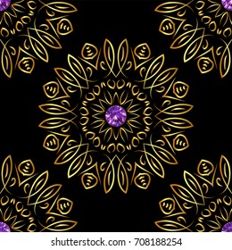 Seamless pattern with beautiful golden ornaments and purple gems on black background. Vector floral mandalas