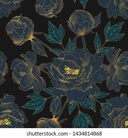 Seamless pattern beautiful golden Paeonia vintage flowers on isolated black background.Vector illustration line art hand drawing.