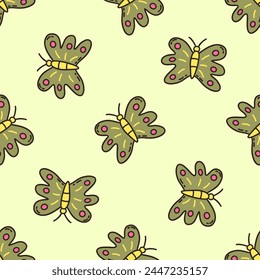 Seamless pattern with beautiful green butterflies. Colorful vector illustration hand drawn doodle. Cute moths print for fabric or paper, decoration