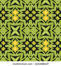 Seamless pattern with beautiful green ethnic ornament and white elements on a dark background. Vector illustration
