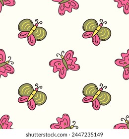 Seamless pattern with beautiful green and pink butterflies. Colorful vector illustration hand drawn doodle. Cute moths print for fabric or paper, decoration