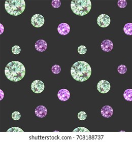 Seamless pattern with beautiful green and purple gems on gray background