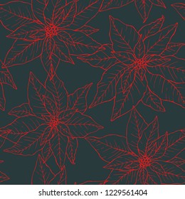 Seamless pattern with beautiful hand drawn poinsettias in lineart stile. Endless texture for Christmas and New Year decoration.