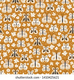 Seamless pattern with beautiful hand drawn butterfly. Tileable background for kids and women product design, fabric, stationery, textile, apparel. Fun and colorful vector illustration