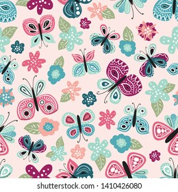 Seamless pattern with beautiful hand drawn butterfly. Tileable background for kids and women product design, fabric, stationery, textile, apparel. Fun and colorful vector illustration