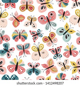 Seamless pattern with beautiful hand drawn butterfly. Tileable background for kids and women product design, fabric, stationery, textile, apparel. Fun and colorful vector illustration