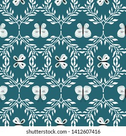 Seamless pattern with beautiful hand drawn butterfly. Tileable background for kids and women product design, fabric, stationery, textile, apparel. Fun and colorful vector illustration
