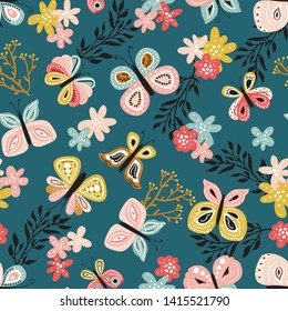 Seamless pattern with beautiful hand drawn butterfly. Tileable background for kids and women product design, fabric, stationery, textile, apparel. Fun and colorful vector illustration