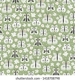 Seamless pattern with beautiful hand drawn butterfly. Tileable background for kids and women product design, fabric, stationery, textile, apparel. Fun and colorful vector illustration