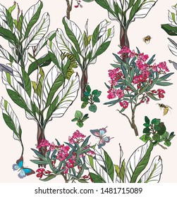 Seamless Pattern Beautiful Hand Drawn Botanical Illustration Oleander Pink Flowers Blooming Trees with Exotic Leaves Spring Garden Print Textile Design Bright Colors Insects Butterflies and Bugs