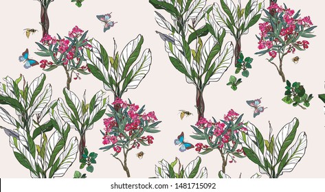 Seamless Pattern Beautiful Hand Drawn Illustration Oleander Pink Flowers Blooming Trees with Exotic Plants Spring Garden Print for Wallpaper and Textile Bright Colors Insects Butterflies and Bugs