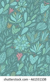 Seamless pattern. Beautiful hand drawn cactus and succulents. Nature vector illustration. Adorable tiny cats and plants. Background for your fabric, textile design, wrapping paper.
