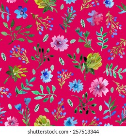 Seamless pattern with beautiful hand paint  flowers and leaves. Watercolor painting. Watercolor seamless pattern with beautiful flowers and leaves. lower pattern on red background.