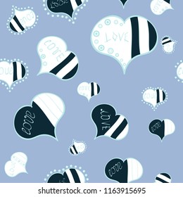 Seamless pattern Beautiful handdrawn seamless with hearts. Vector. Festive love background. Happy Valentine':s Day. Blue, white. Perfect design element for wallpaper, textile, wedding invitation.