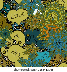 Seamless pattern Beautiful handdrawn seamless with hearts. Vector. Green, blue. Festive love background. Perfect design element for wallpaper, textile, wedding invitation. Happy Valentine':s Day.