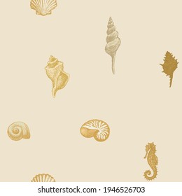 Seamless pattern with beautiful hand-drawn seashells of various shapes. Vector illustration in beige colors in retro style. Pencil drawings of shells and seahorse on an old paper background