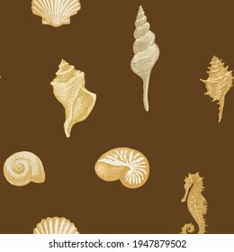 Seamless pattern with beautiful hand-drawn seashells of various shapes. Repeating vector illustration in retro style. Pencil drawings of shells and seahorse on a brown background