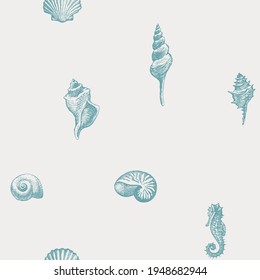 Seamless pattern with beautiful hand-drawn seashells of various shapes. Pencil drawings of shells and seahorse on a light background. Decorative vector illustration in retro style