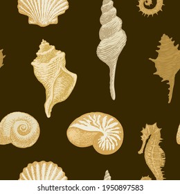 Seamless pattern with beautiful hand-drawn seashells of various shapes. Vector illustration with beige pencil drawings on a brown background. Suitable for wallpaper, wrapping paper, fabric