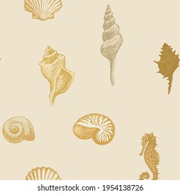 Seamless pattern with beautiful hand-drawn seashells of various shapes. Vector illustration in beige colors in retro style. Pencil drawings of shells and seahorse on an old paper background