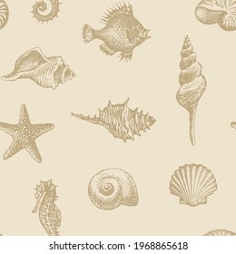 Seamless pattern with beautiful hand-drawn seashells of various shapes. Vector background in beige colors in retro style. Pencil drawings of shells, starfish and seahorse on an old paper backdrop