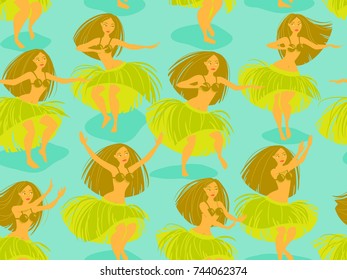 Seamless pattern with beautiful Hawaiian hula dancer woman dancing in a grass skirt