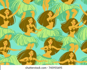 Seamless pattern with beautiful Hawaiian hula dancer woman dancing in a grass skirt