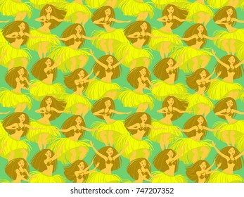 Seamless pattern with beautiful Hawaiian hula dancer woman dancing in a grass skirt