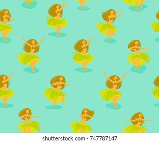 Seamless pattern with beautiful Hawaiian hula dancer woman dancing in a grass skirt