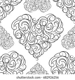 Seamless pattern with beautiful hearts made of swirls.