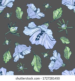 Patrón sin foco con hermosas flores de hibisco. Fondo floral festivo para su diseño. Hermosas flores azules. Fondo para tela y embalaje.