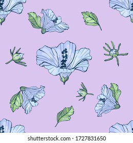 Seamless pattern with beautiful hibiscus flowers. Festive floral background for your design. Blue beautiful flowers. Background for fabric and packaging.