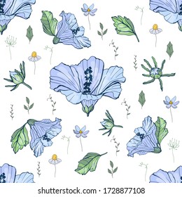 Patrón sin foco con hermosas flores de hibisco. Fondo floral festivo para su diseño. Hermosas flores azules. Fondo para tela y embalaje.