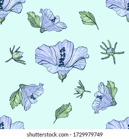Seamless pattern with beautiful hibiscus flowers. Festive floral background for your design. Blue beautiful flowers. Background for fabric and packaging.