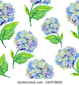 Seamless pattern with Beautiful Hydrangea flowers, watercolor illustration. Vector background.