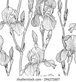 Seamless pattern with Beautiful iris flowers (black and white)