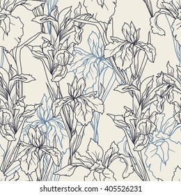 Seamless pattern with beautiful irises flowers, vector illustration