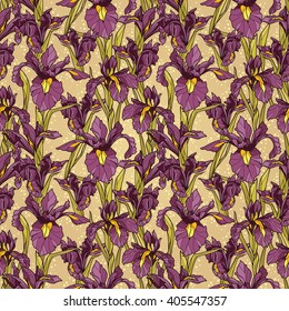 Seamless pattern with beautiful irises flowers,art deco style,  vector illustration