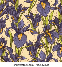 Seamless pattern with beautiful irises flowers,art deco style,  vector illustration